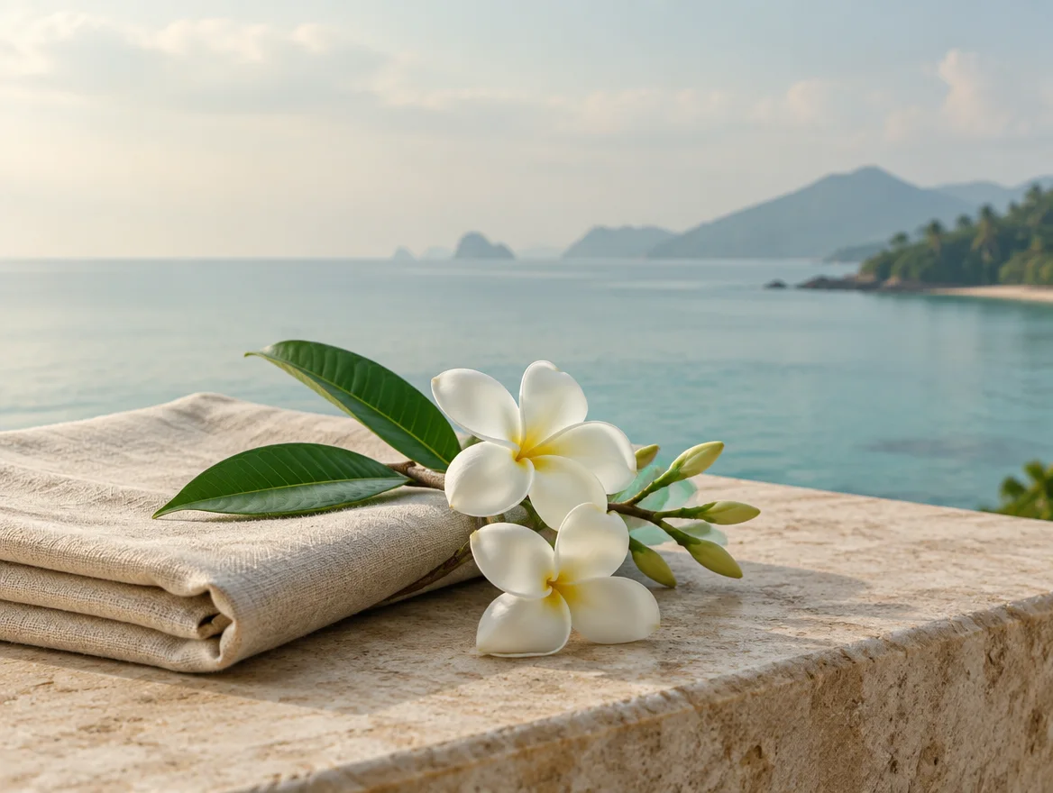 White frangipani flowers beside a calm sea