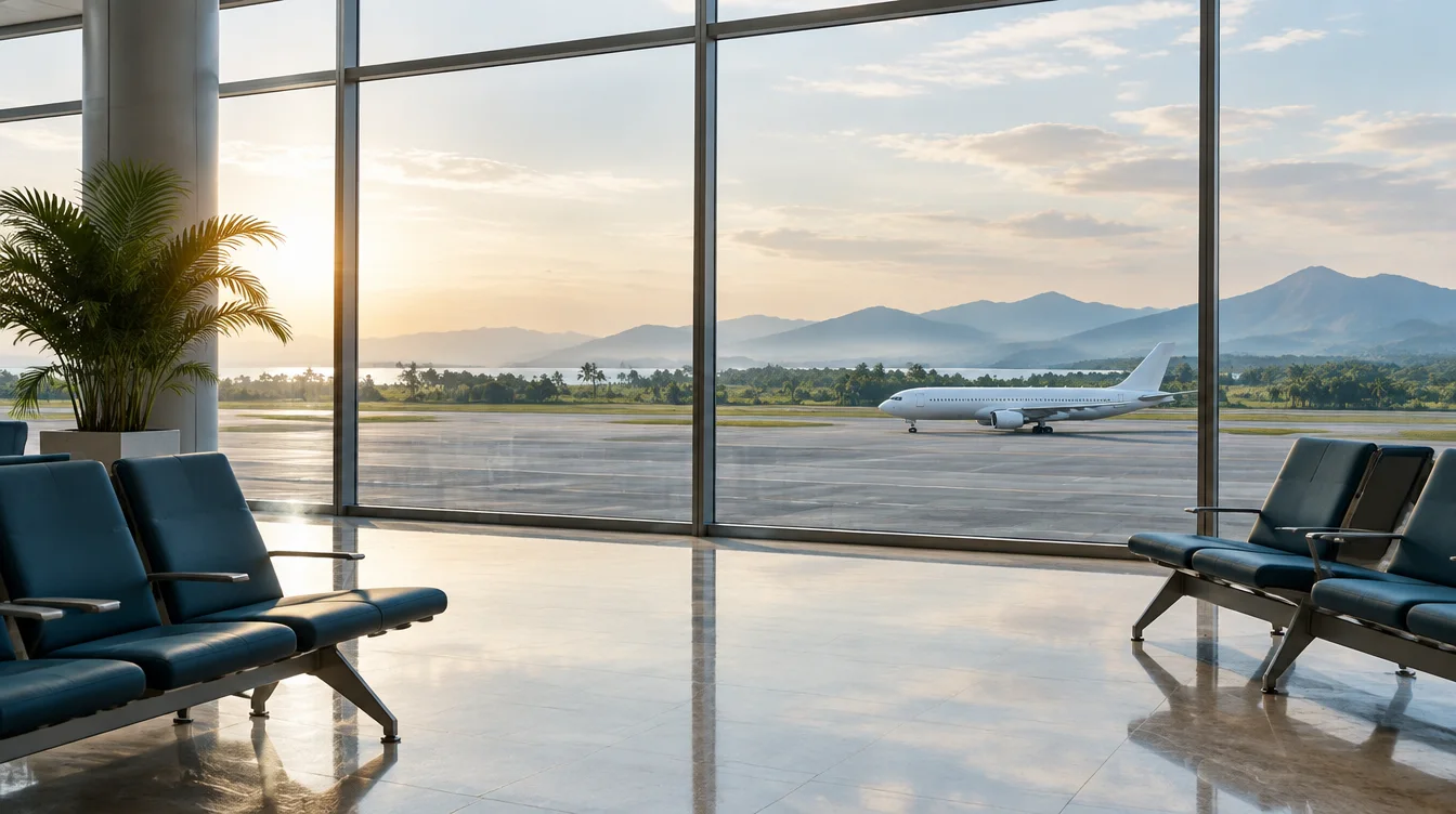 Quiet airport lounge overlooking an aircraft in morning light