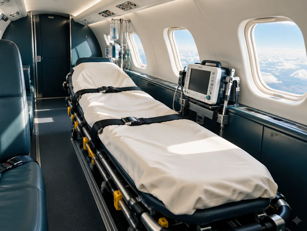 Illustrative medical transport cabin with an unoccupied stretcher